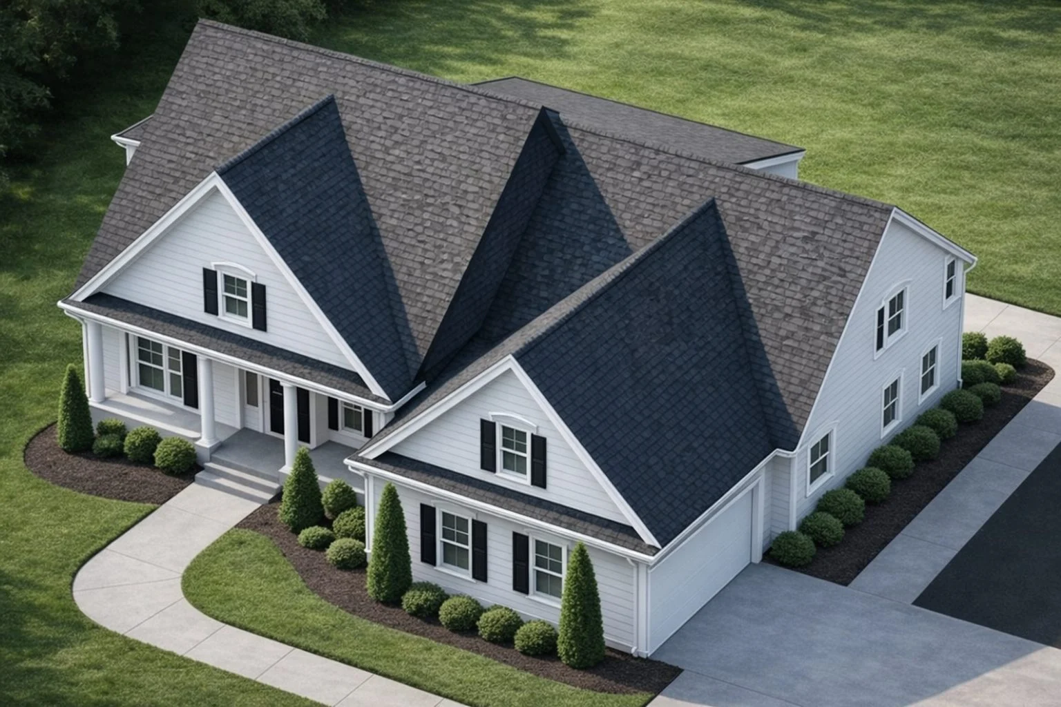 Front elevation of a New American Traditional house featuring Colonial Revival symmetry, horizontal lap siding, dormers, and a covered front porch