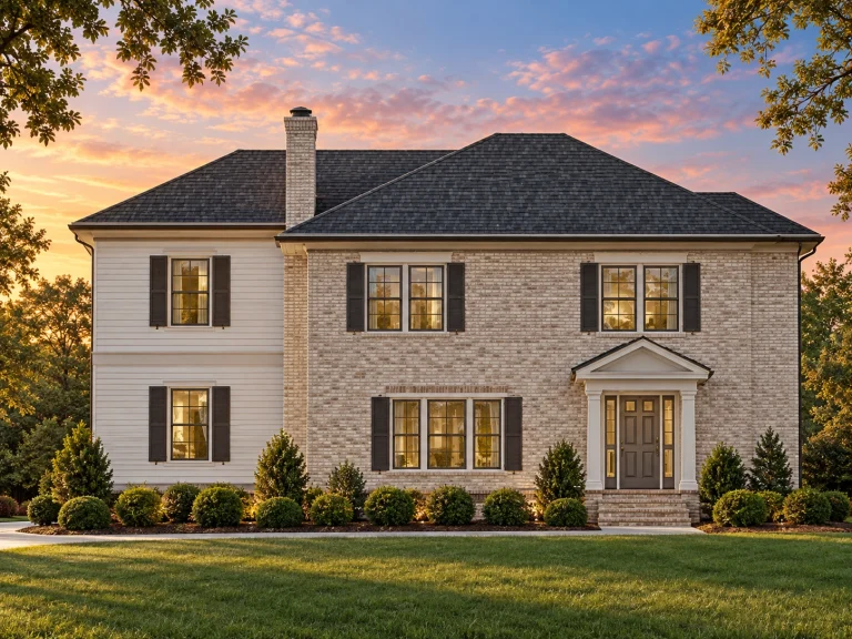 Front elevation of a Colonial-style two-story home featuring a classic red brick and white siding exterior with black shutters and a gabled portico entry
