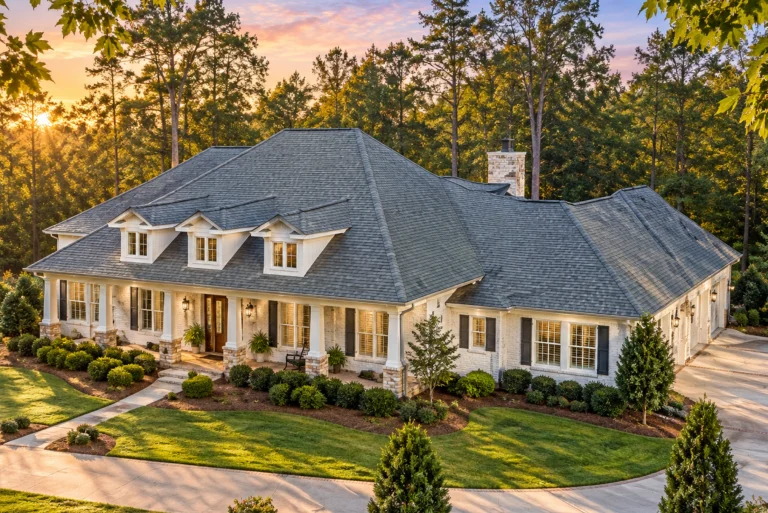 Front elevation of a Classical Southern Colonial style home featuring white horizontal siding, a full-width covered porch with columns, dormer windows, and a balanced symmetrical facade