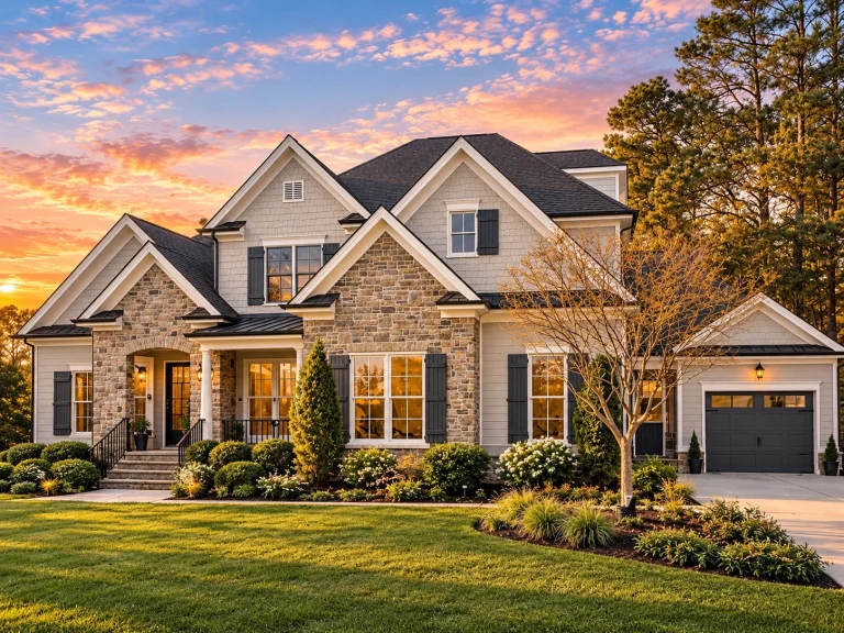Top Designer-Approved House Plans 12 Front elevation of New American Traditional style home with stone accents, horizontal siding, gabled rooflines, and manicured landscaping