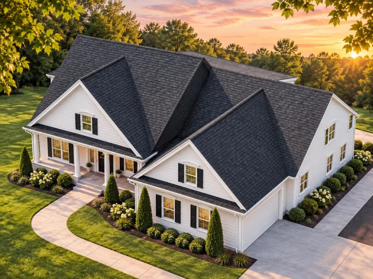 Front elevation of a New American Traditional house featuring Colonial Revival symmetry, horizontal lap siding, dormers, and a covered front porch