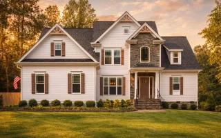 Front elevation of a New American style home with horizontal siding, stone veneer entry, gabled rooflines, and symmetrical traditional detailing