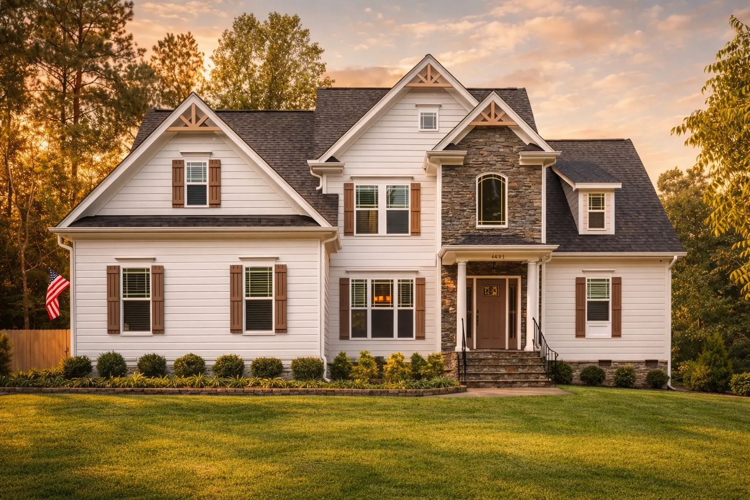 Front elevation of a New American style home with horizontal siding, stone veneer entry, gabled rooflines, and symmetrical traditional detailing