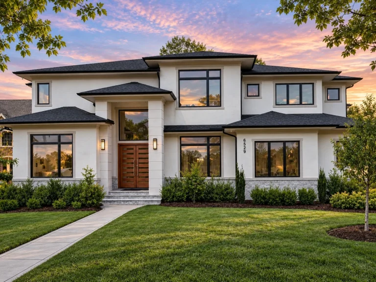Front exterior view of a New American Modern Traditional house with smooth stucco, fiber cement siding, symmetrical windows, and landscaped lawn