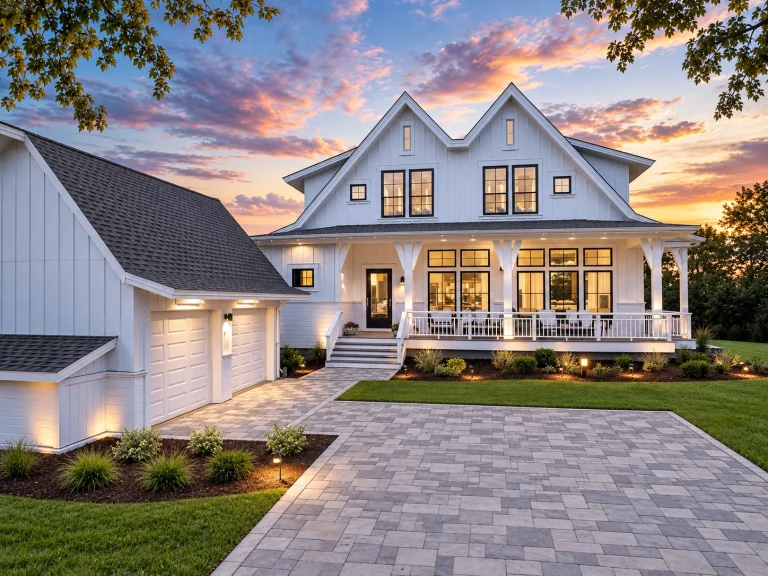 Front elevation of a Modern Farmhouse style home featuring white board and batten siding, metal roof accents, and a welcoming covered front porch