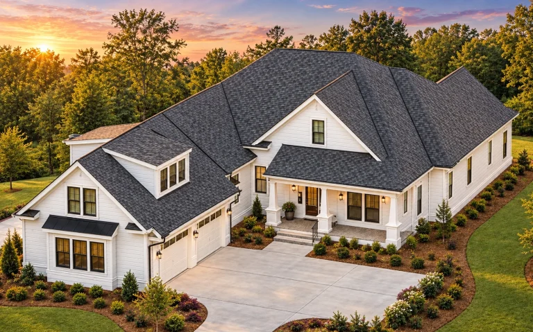 Conventional House Plans 11 Front elevation of a New American modern traditional house featuring painted brick, board-and-batten siding, gabled rooflines, and a welcoming covered porch