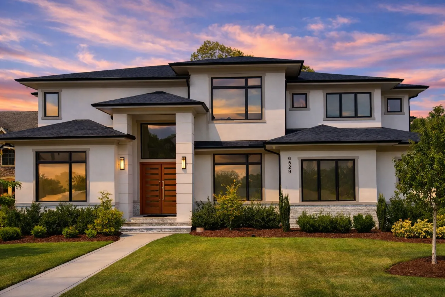 Front exterior view of a New American Modern Traditional house with smooth stucco, fiber cement siding, symmetrical windows, and landscaped lawn