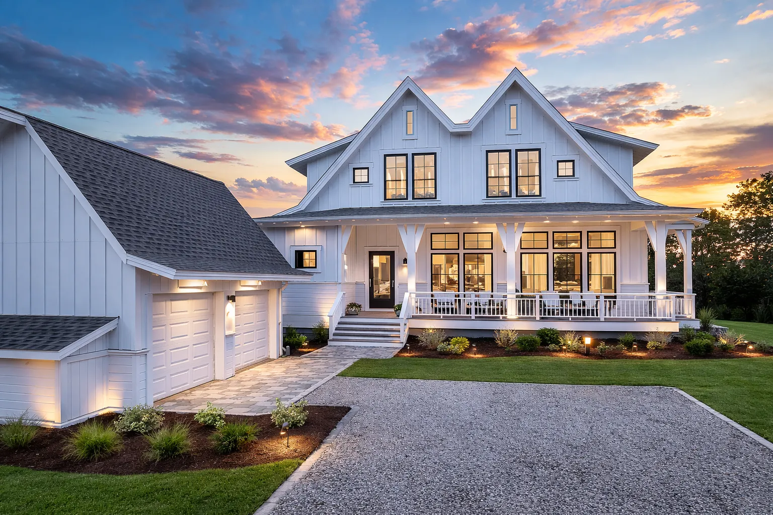 Front elevation of a Modern Farmhouse style home featuring white board and batten siding, metal roof accents, and a welcoming covered front porch