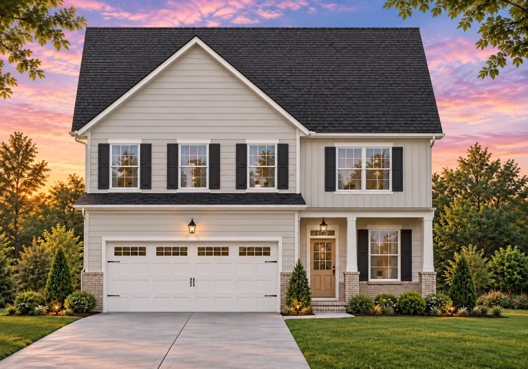 Front elevation of a Traditional Colonial style home featuring horizontal lap siding, black shutters, and brick base detailing beneath a gabled roofline