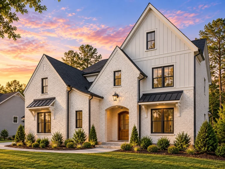 House Plans with Second Floor Laundry Room 2 Front elevation of a New American modern traditional house with smooth stucco exterior, steep gables, metal window awnings, and arched entry