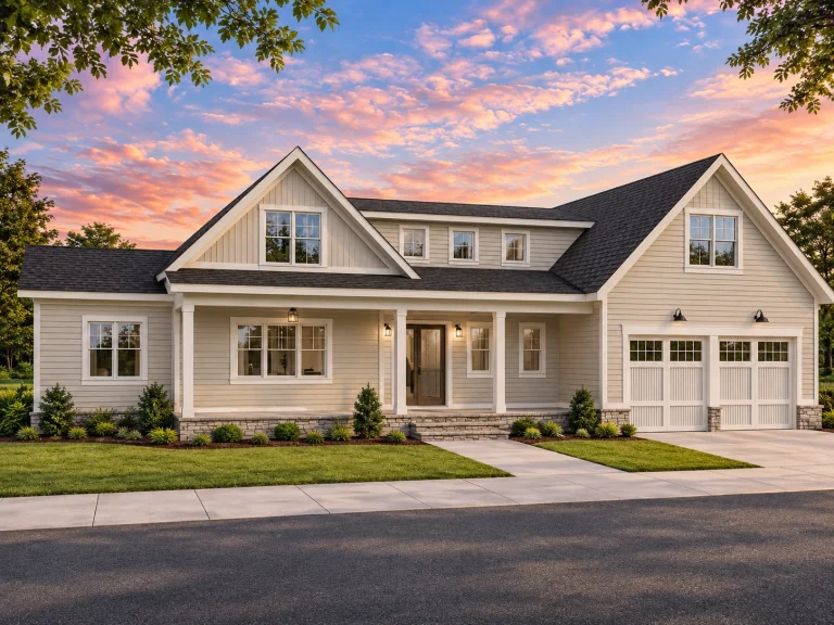 Front elevation of a modern farmhouse style home with white board and batten siding, covered porch, gabled rooflines, and attached two-car garage
