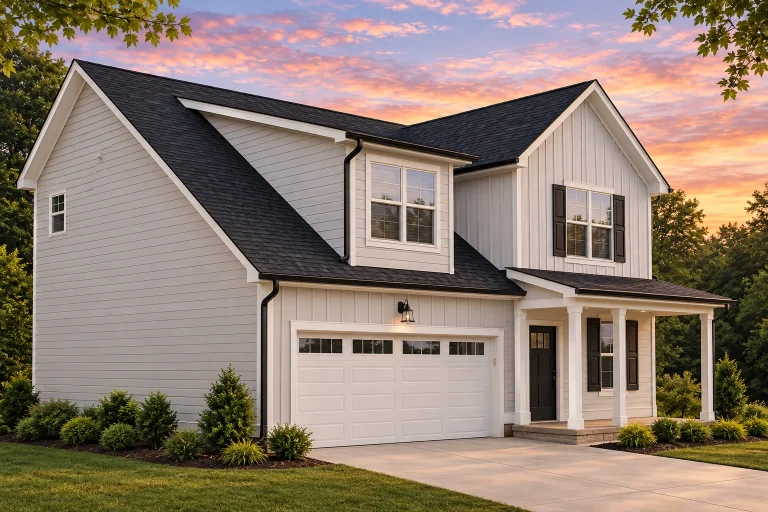 Front view of a Modern Farmhouse style home featuring a blend of horizontal lap and board and batten siding, dark trim accents, and a two-car garage.