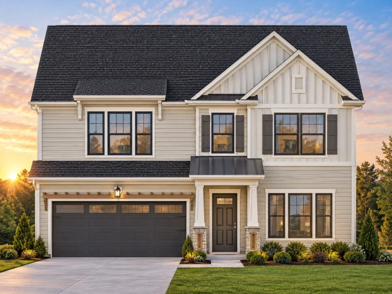 Front elevation of a New American style home with board and batten siding, brick accents, dark shutters, and attached garage