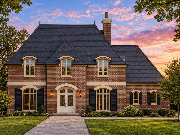 House Plans with Second Floor Laundry Room 3 Front view of a French Provincial style home with a brick exterior, steep hip roof, and symmetrical façade featuring arched windows and classic detailing.