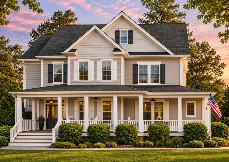 Courtyard House Plans 5 Front elevation of a Colonial Revival style home with white horizontal siding, symmetrical windows, gabled roof, and full-width covered front porch