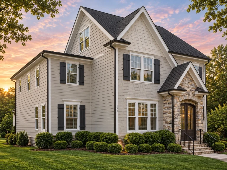 Front elevation of Traditional Colonial style home with horizontal lap siding, stone veneer entry, black shutters, and symmetrical two-story facade