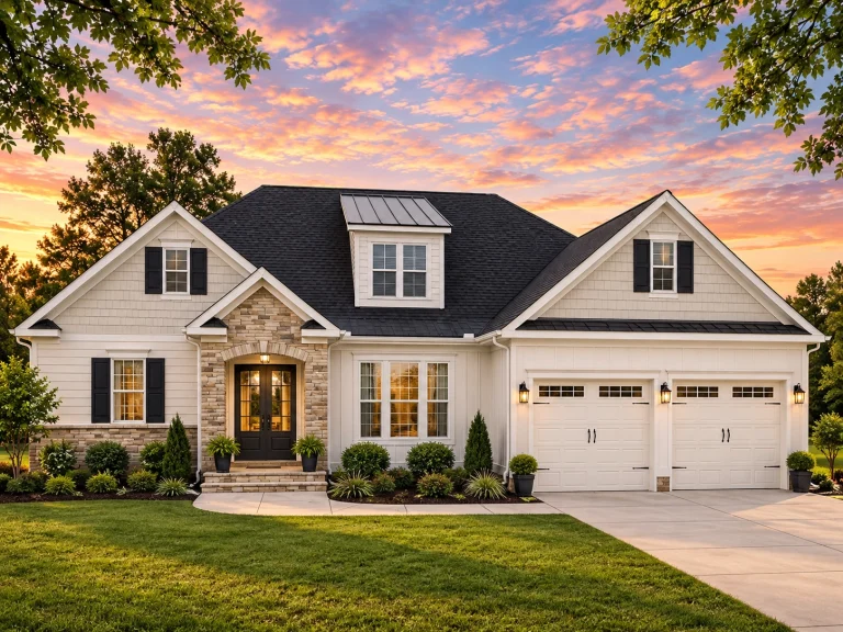 3 Bedroom House Plans 13 Front elevation of a New American traditional style home with horizontal siding, stone accents, and attached two-car garage
