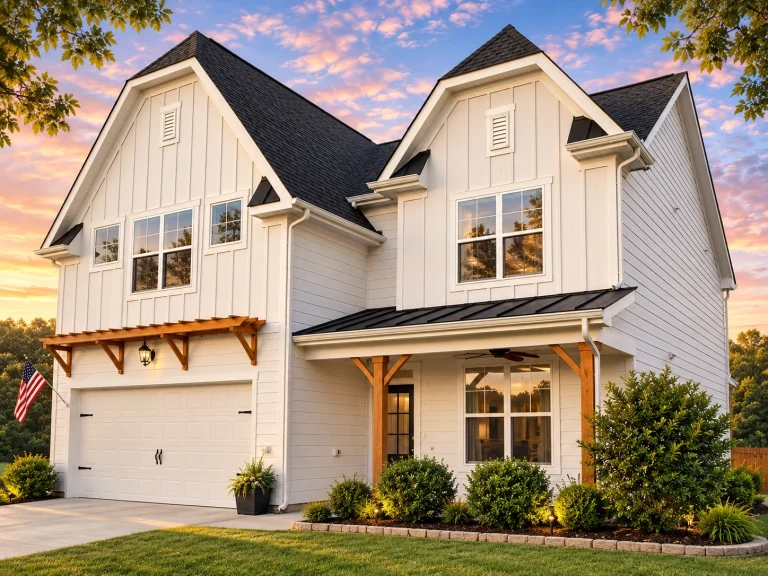 Front elevation of a New American modern farmhouse home featuring board and batten siding, covered porch, and Craftsman details