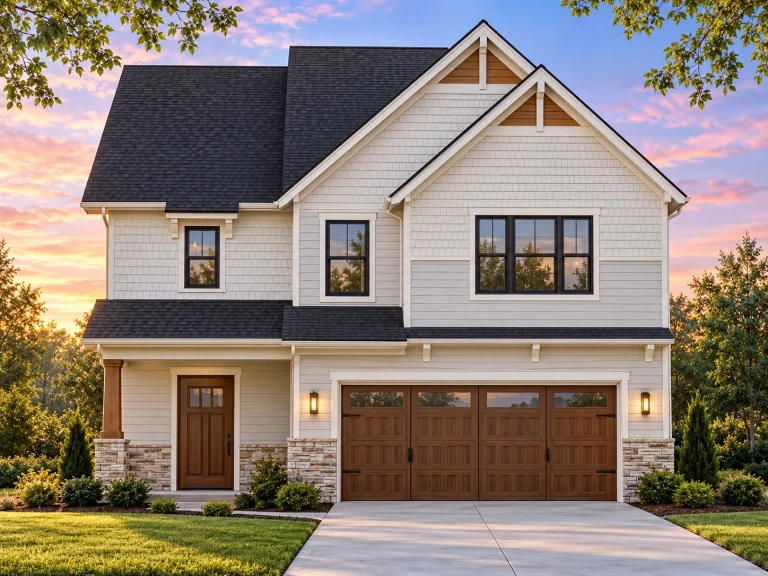 House Plans with Outdoor Kitchen 18 Front view of a New American Transitional style two-story home featuring beige horizontal siding, board and batten gable accents, and partial stone veneer base with black trim and garage doors