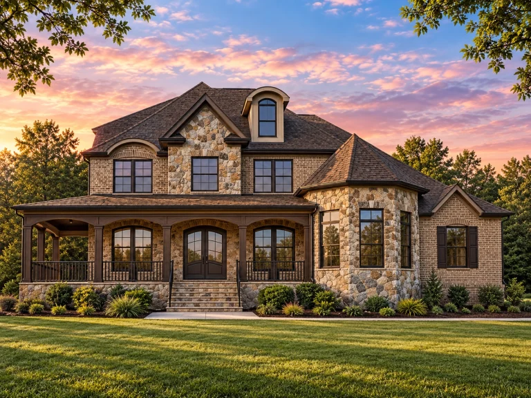 House Plans with Outdoor Kitchen 18 Front elevation of French Country style home with stone and brick exterior, arched entry, dormer windows, and steep hipped roof