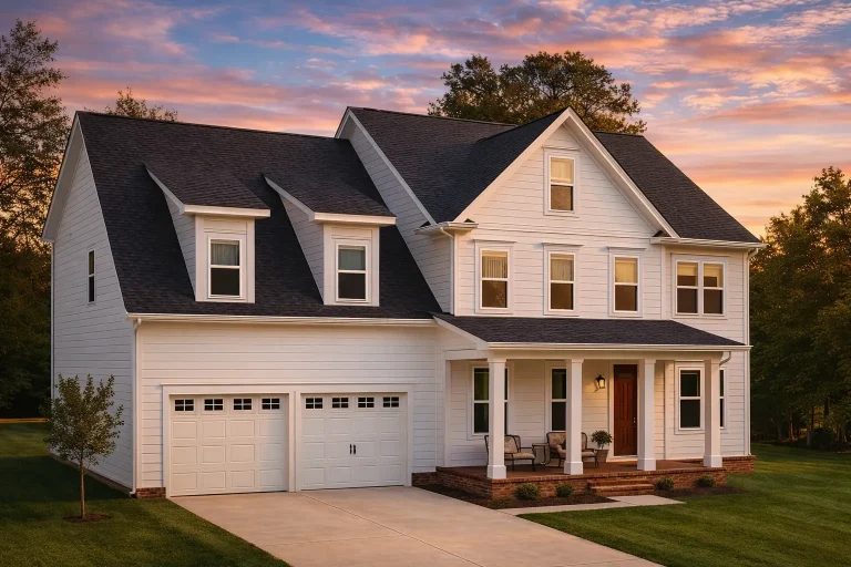Front exterior of New American modern farmhouse style home with white siding, board and batten accents, covered porch, and side-entry garage
