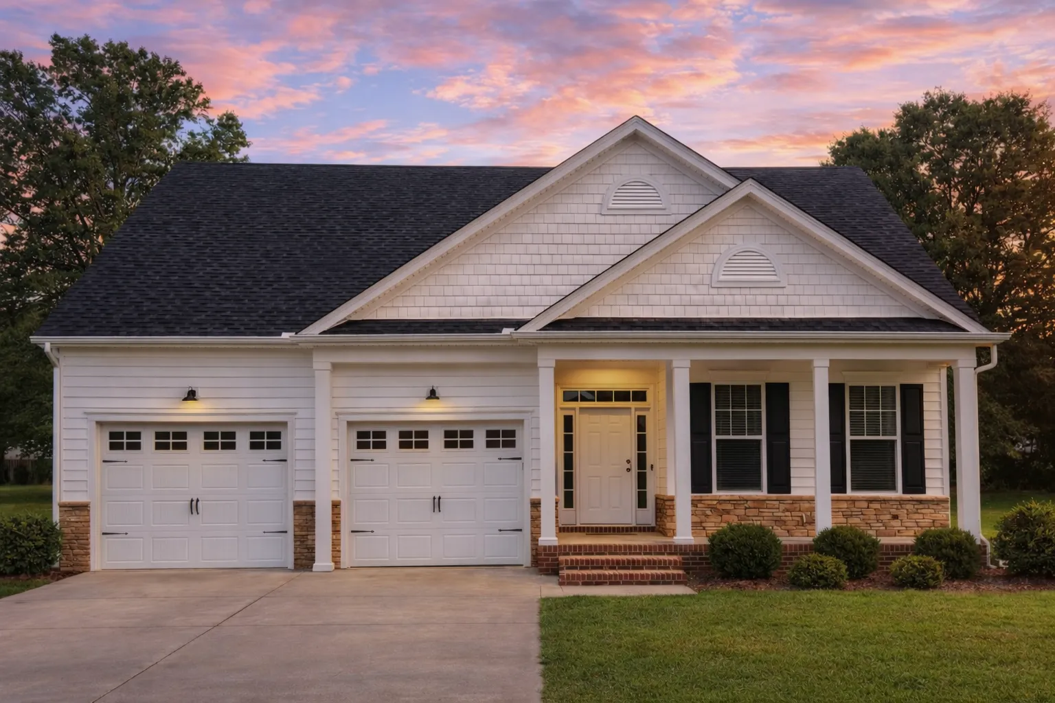 Front elevation of a Traditional Ranch style home featuring horizontal siding, stone accents, gabled rooflines, and a welcoming covered porch