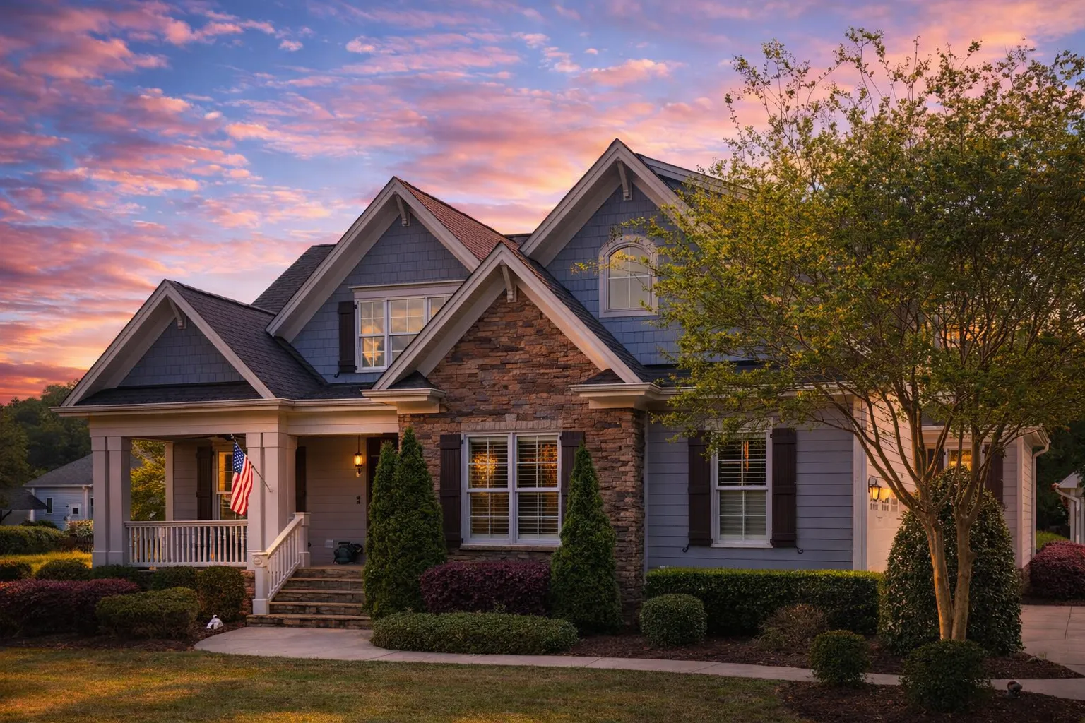 Front elevation of a Traditional Craftsman style home featuring brick exterior, horizontal siding, gabled rooflines, and a welcoming covered front porch