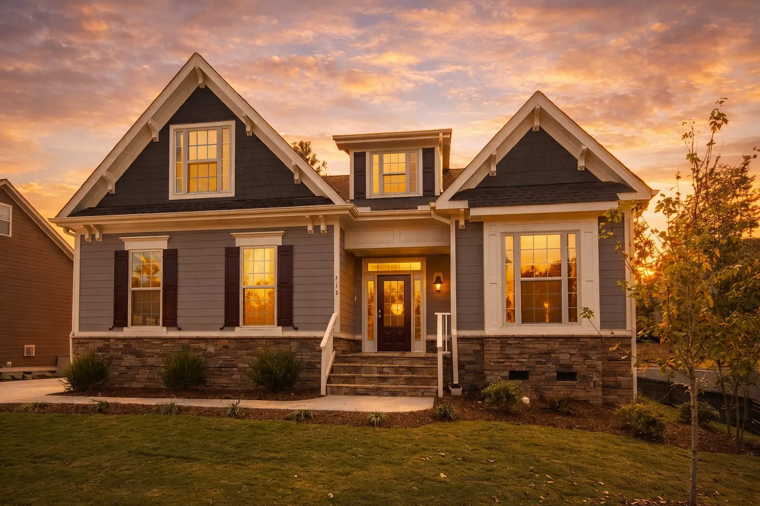 Front elevation of a Craftsman style home with horizontal siding, stone base, gabled rooflines, and welcoming covered front porch