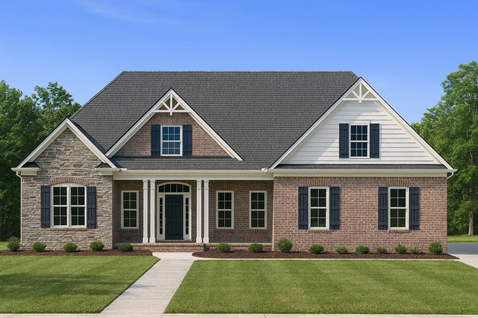 Front elevation of a Traditional Craftsman Ranch style home featuring horizontal siding, stone wainscoting, gable detailing, and a welcoming symmetrical façade