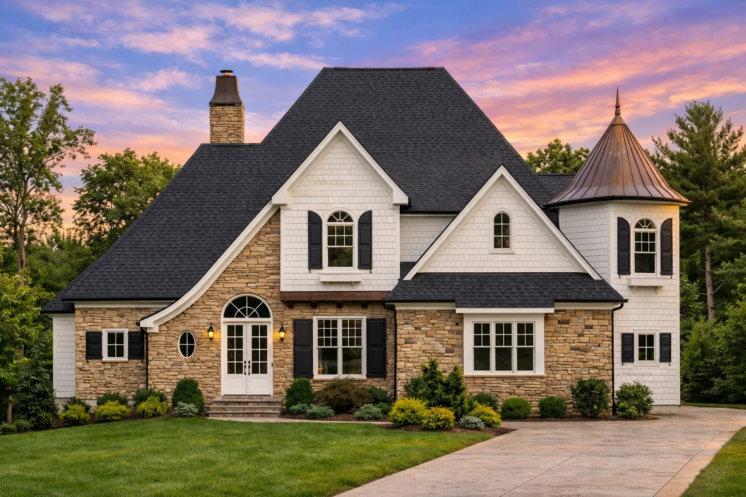 Front elevation of a New American style house with horizontal siding, stone entry accents, steep gabled rooflines, and balanced traditional windows