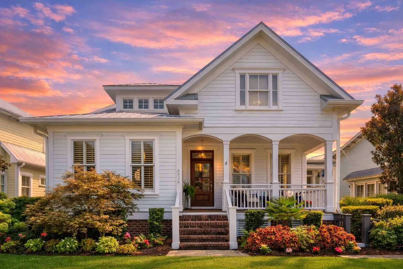 Front elevation of a Cape Cod style home with horizontal siding, covered porch, dormer windows, and brick foundation