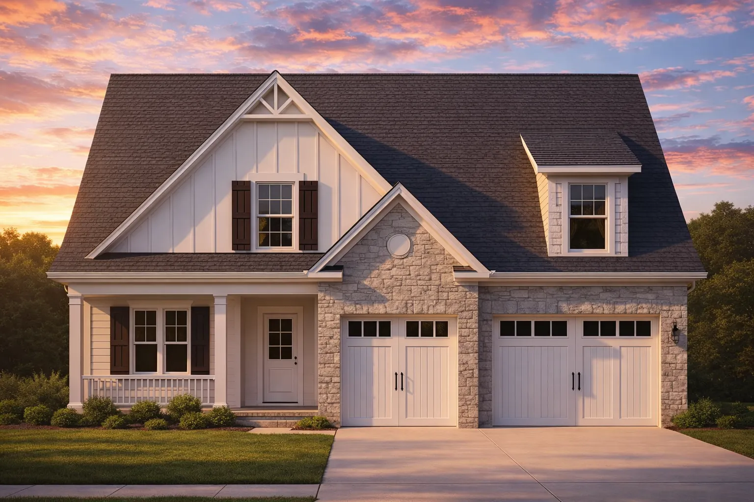 Front elevation of a Modern Farmhouse style home featuring board and batten siding, horizontal lap siding, stone accents, and a two-car garage with dark wood doors