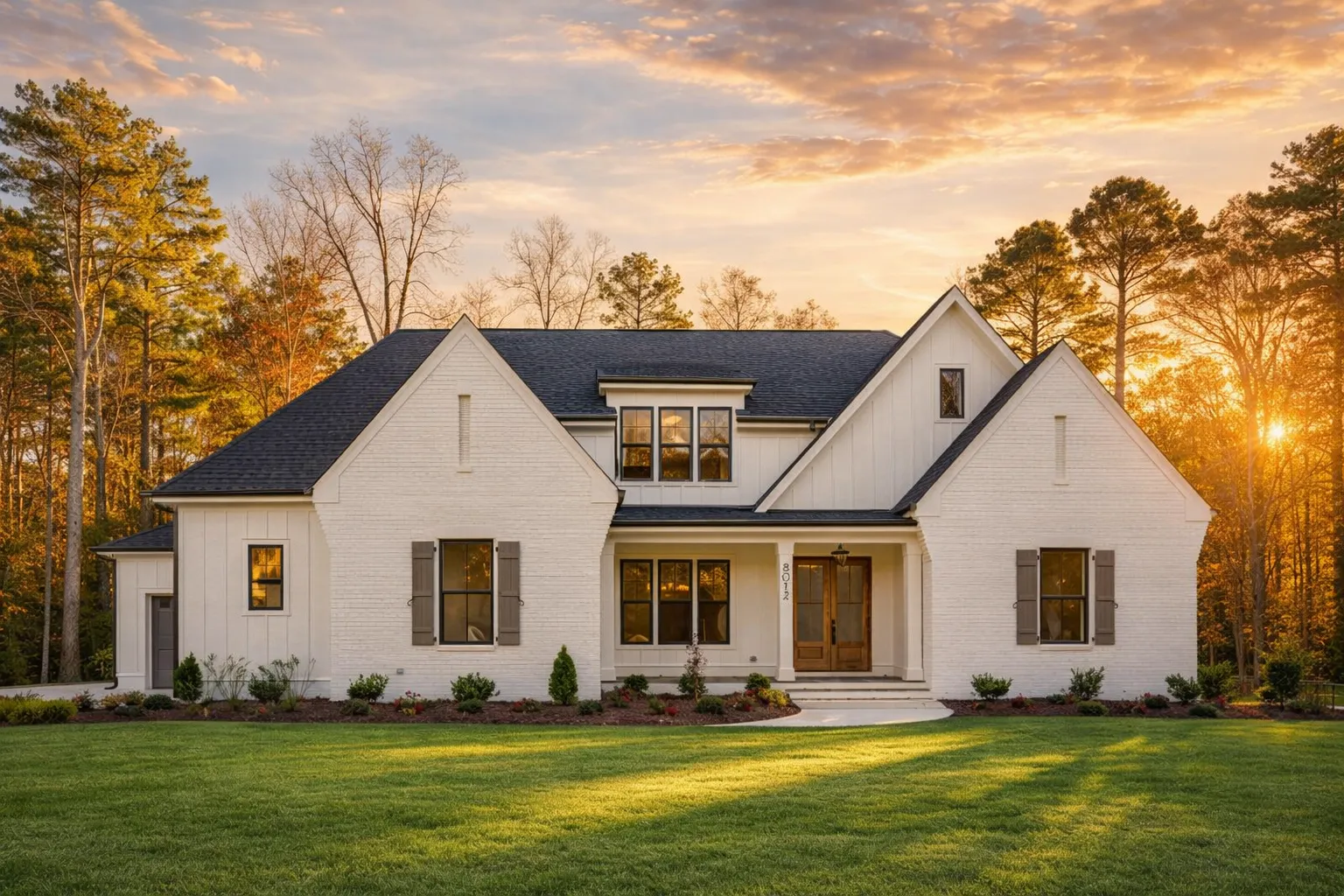 Southwestern House Plans 3 Front elevation of a Modern Farmhouse style home with white painted brick, board and batten siding, steep gables, and covered porch
