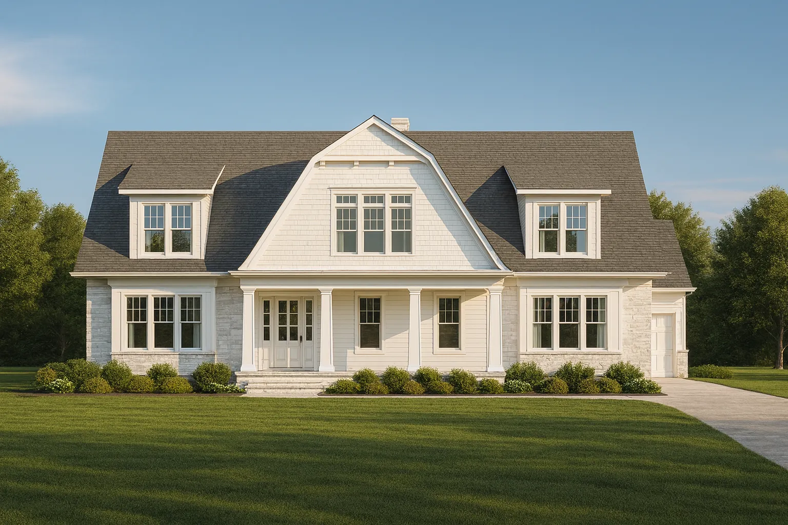 Front elevation of a Shingle Style Cape Cod home with white cedar shake and horizontal lap siding, symmetrical dormers, and a covered entry porch