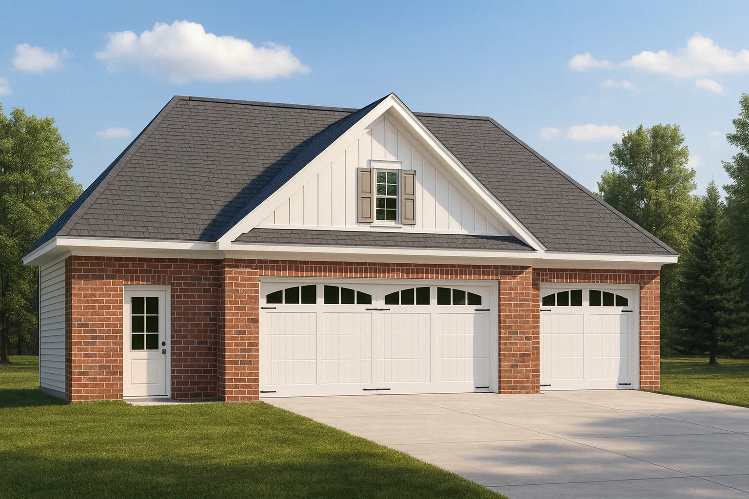 Front elevation of a traditional Carriage House style garage with brick exterior, board and batten gable detailing, and three-car doors