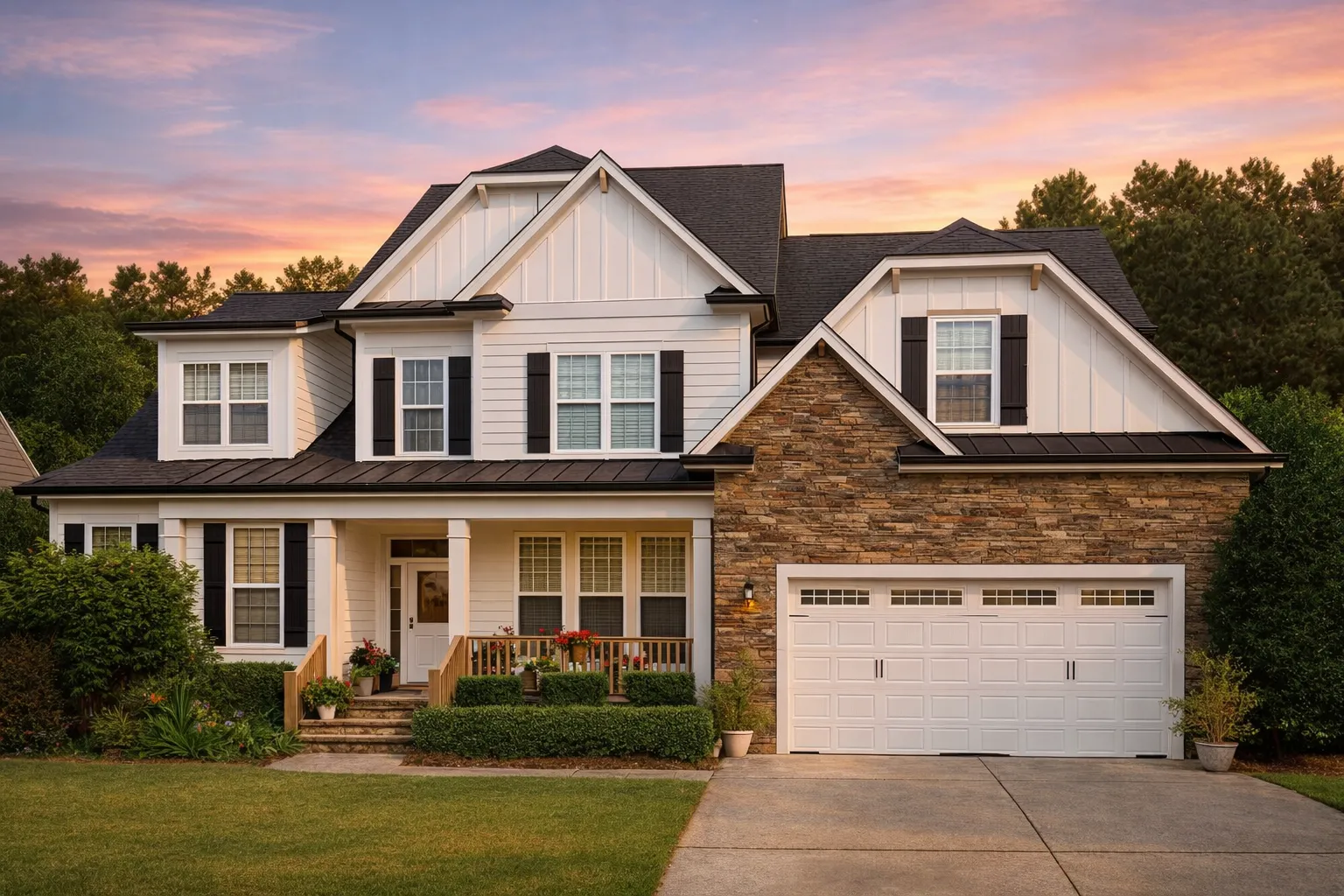 Front elevation of a New American style home with stone veneer, horizontal siding, board and batten accents, and a covered entry porch