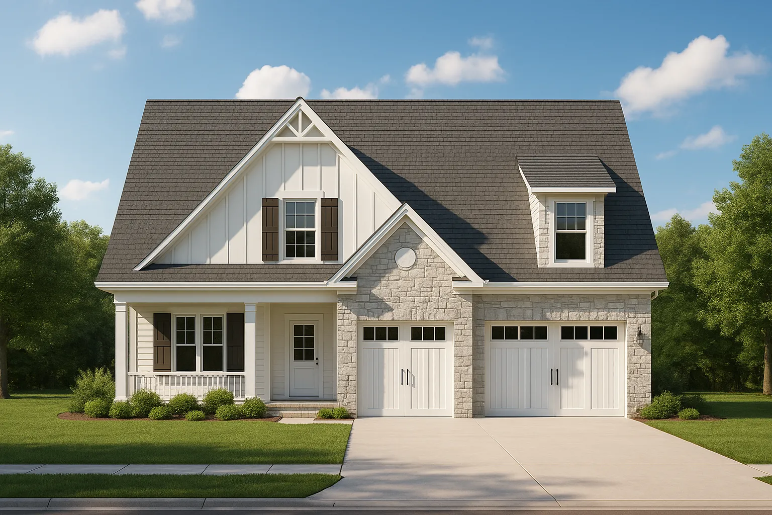 Front elevation of a Modern Farmhouse style home featuring board and batten siding, horizontal lap siding, stone accents, and a two-car garage with dark wood doors