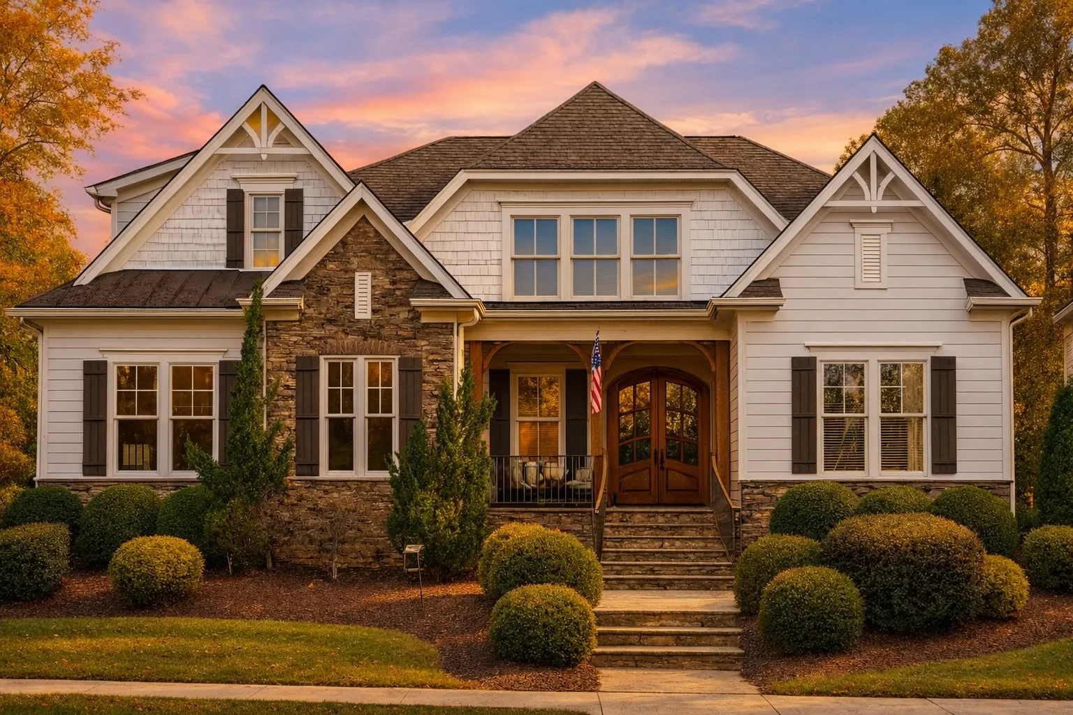 Front elevation of a New American Shingle Style home featuring stone accents, horizontal siding, gabled rooflines, and a covered entry porch