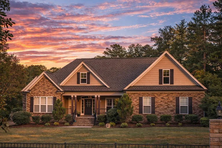 Front elevation of a Traditional Craftsman Ranch style home featuring horizontal siding, stone wainscoting, gable detailing, and a welcoming symmetrical façade