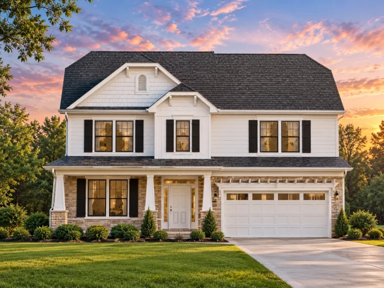 Southwestern House Plans 7 Front elevation of a Traditional Colonial style home featuring beige horizontal lap siding, shingle accents, dark shutters, and a symmetrical façade with double gables.