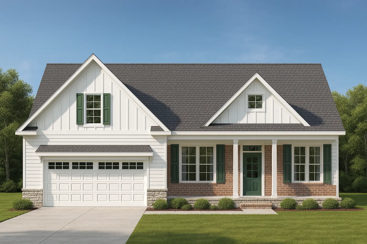 House Plans with Breezeway 9 Front view of a Modern Farmhouse Ranch home featuring board and batten siding, horizontal lap accents, brick foundation, and dark trim with a gable roof design