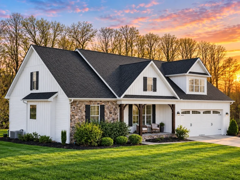 Front elevation of a Traditional Ranch Craftsman style home featuring stone accents, board and batten with horizontal siding, and a welcoming covered porch entry