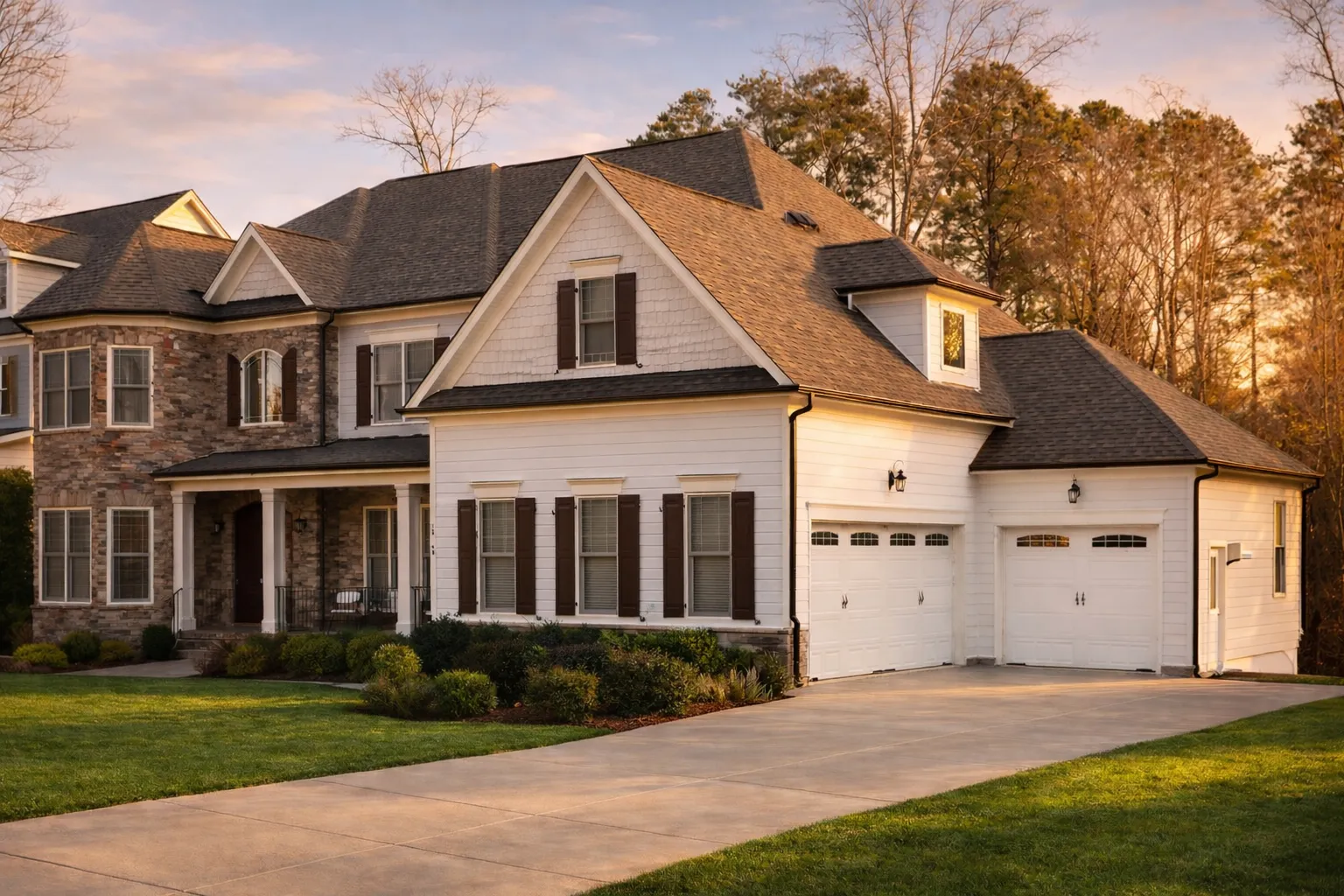 Front elevation of a New American Modern Traditional house featuring lap siding, stone accents, symmetrical windows, and a covered front porch
