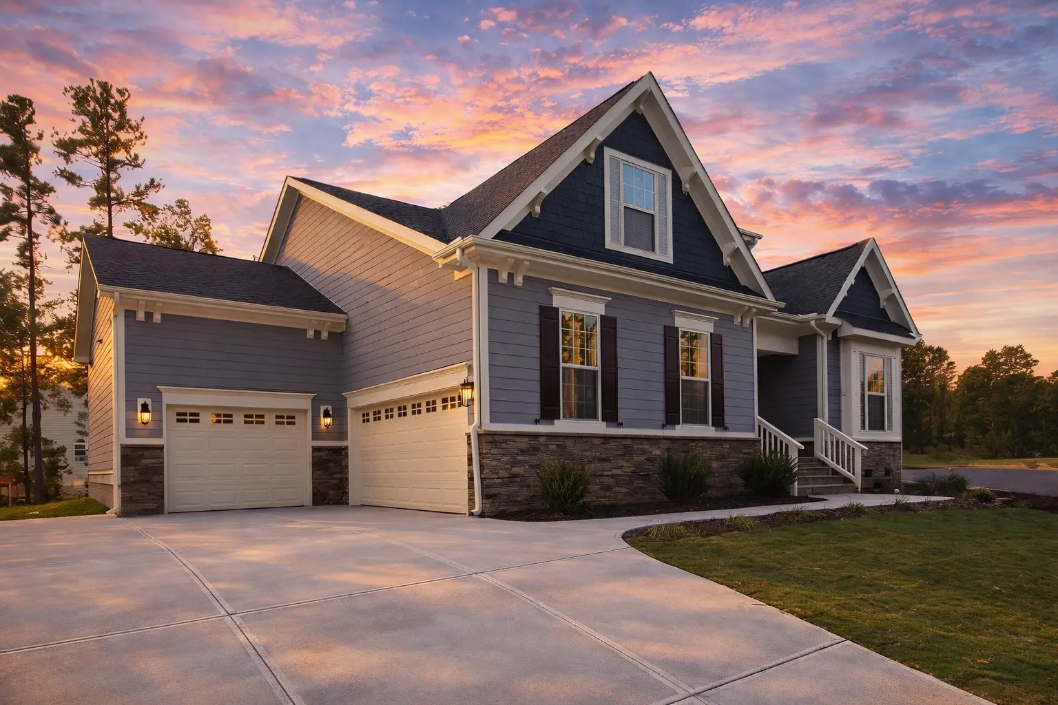 Front elevation of a Craftsman style home with horizontal siding, stone base, gabled rooflines, and welcoming covered front porch
