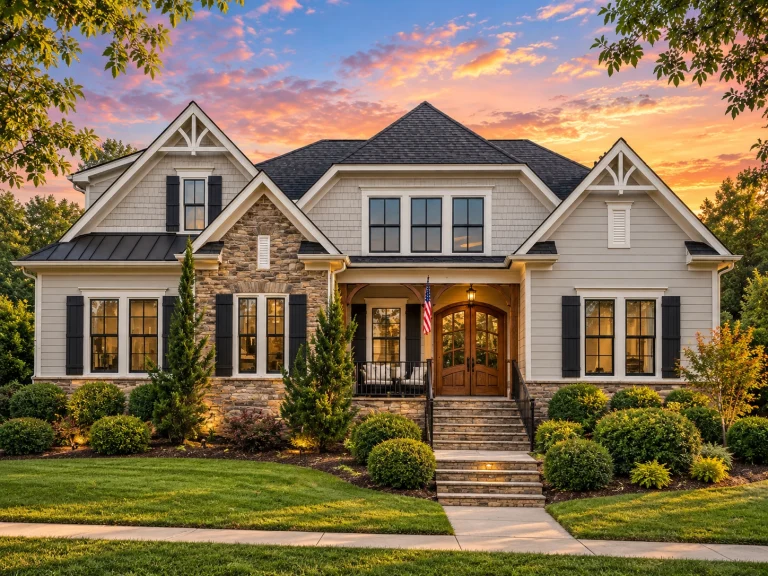 Front elevation of a New American Shingle Style home featuring stone accents, horizontal siding, gabled rooflines, and a covered entry porch