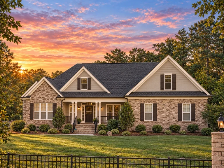 Mid-Size House Plans 22 Front elevation of a Traditional Craftsman Ranch style home featuring horizontal siding, stone wainscoting, gable detailing, and a welcoming symmetrical façade
