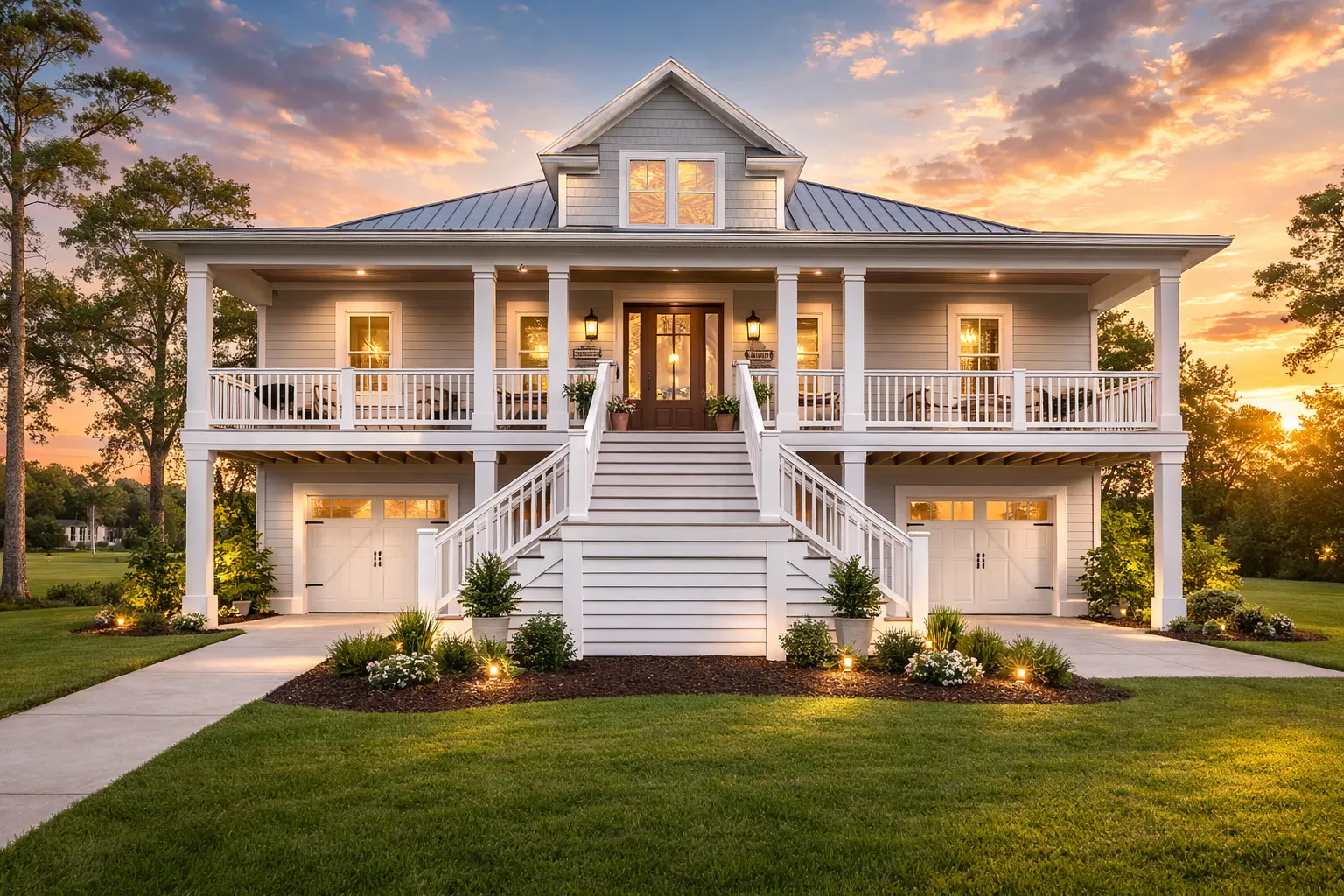 Front elevation of a Coastal Southern Low Country style home with raised foundation, wide wraparound porch, and symmetrical staircase entry