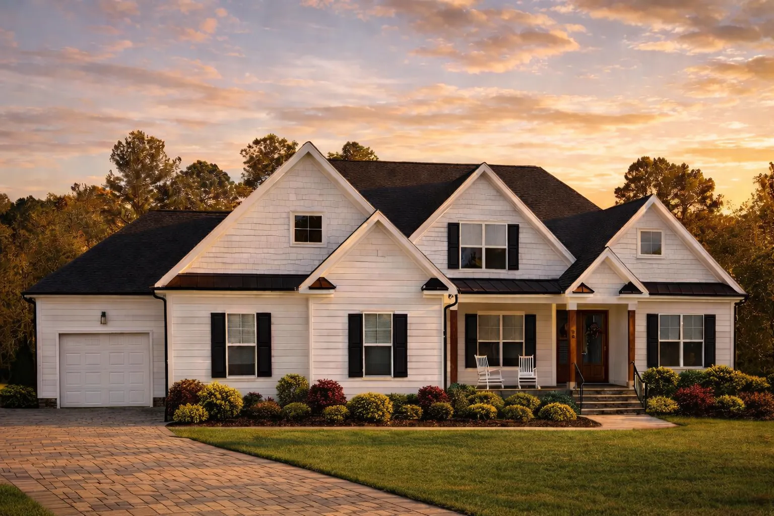 Front elevation of a Modern Farmhouse style home featuring white horizontal siding, black shutters, multiple gables, and a welcoming covered front porch