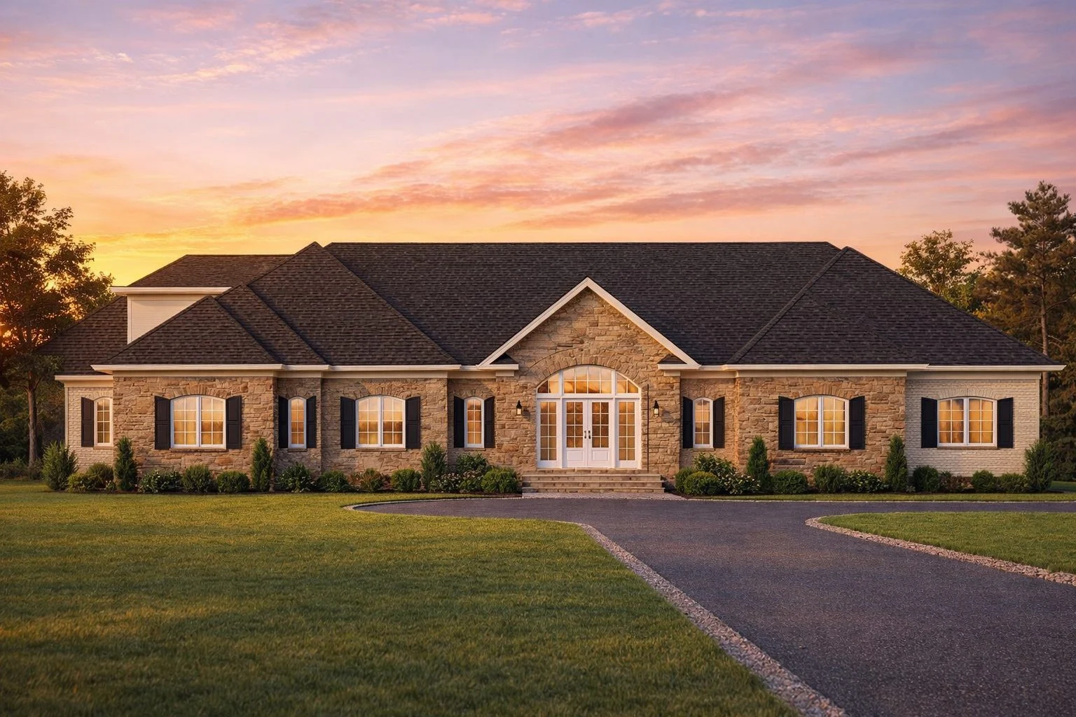 Front elevation of a Traditional Ranch style home with brick and horizontal siding exterior, symmetrical windows, and arched New American entry