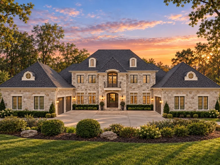 Front elevation of a French Country European Traditional estate home featuring brick exterior, stone accents, steep hipped roof, dormers, and symmetrical façade